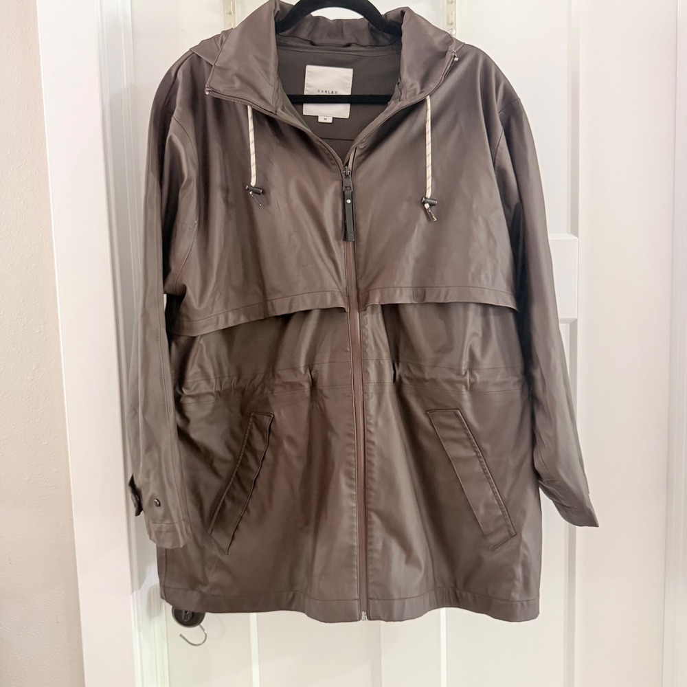 Varley Alyssa Rain Jacket Dark Truffle Brown Faux Leather Hooded Parka Womens M
